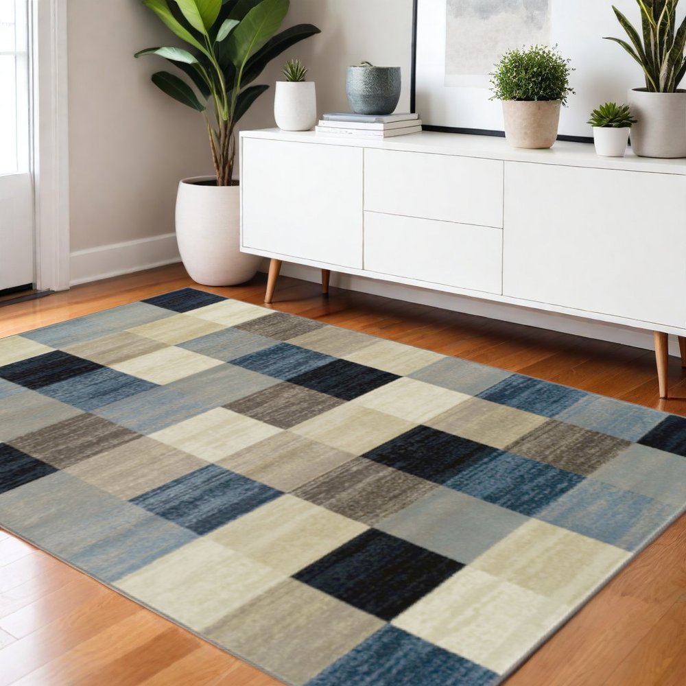 4' X 6' Blue Black And Gray Geometric Area Rug