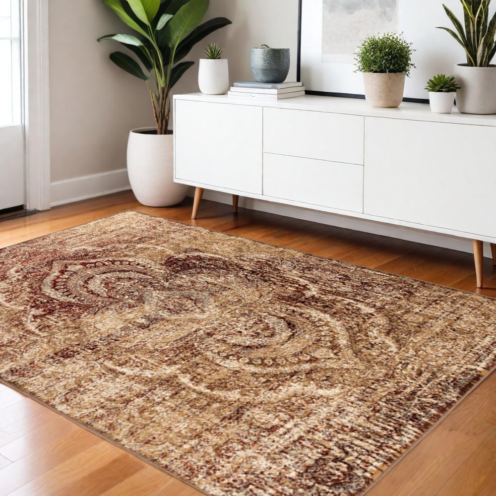 4' X 6' Gold And Maroon Abstract Distressed Area Rug