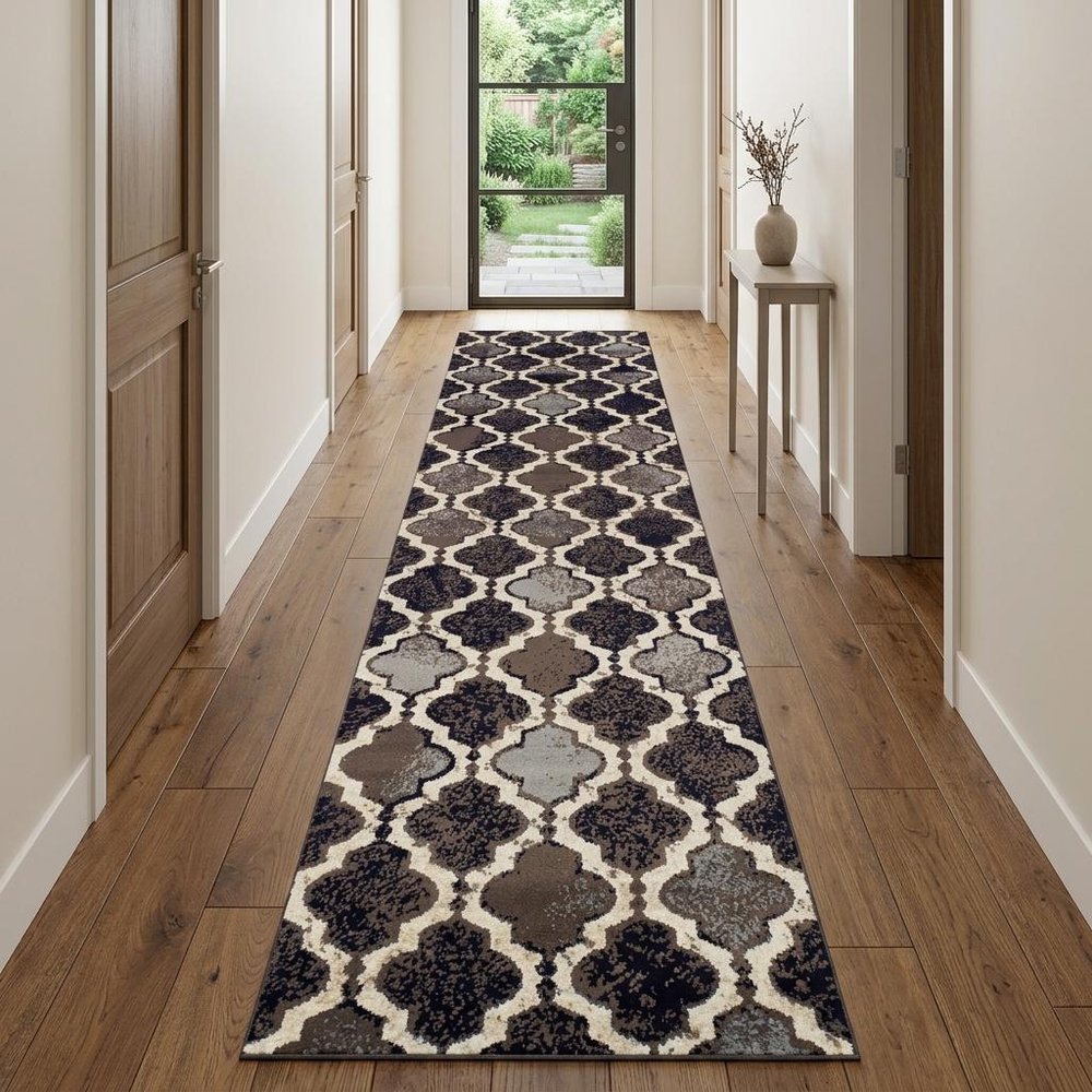 10' Brown Black And Ivory Quatrefoil Distressed Runner Rug