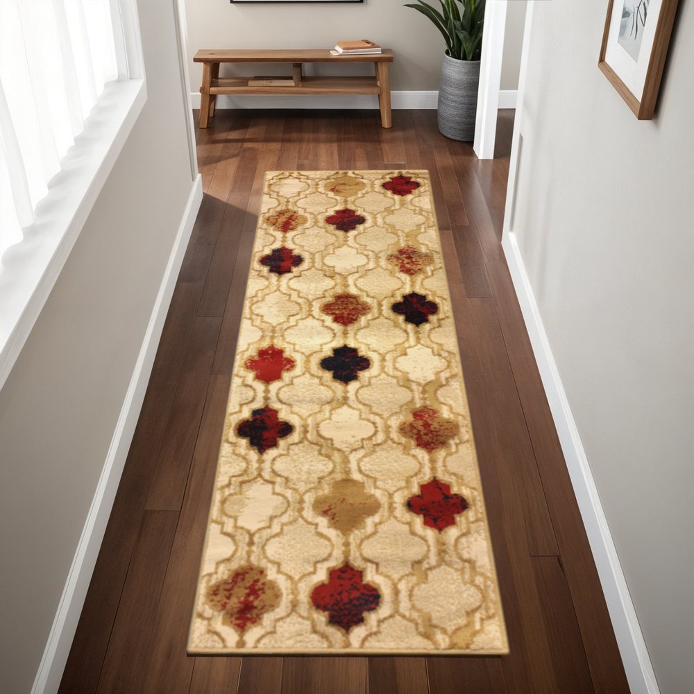8' Beige Brown And Red Quatrefoil Distressed Runner Rug