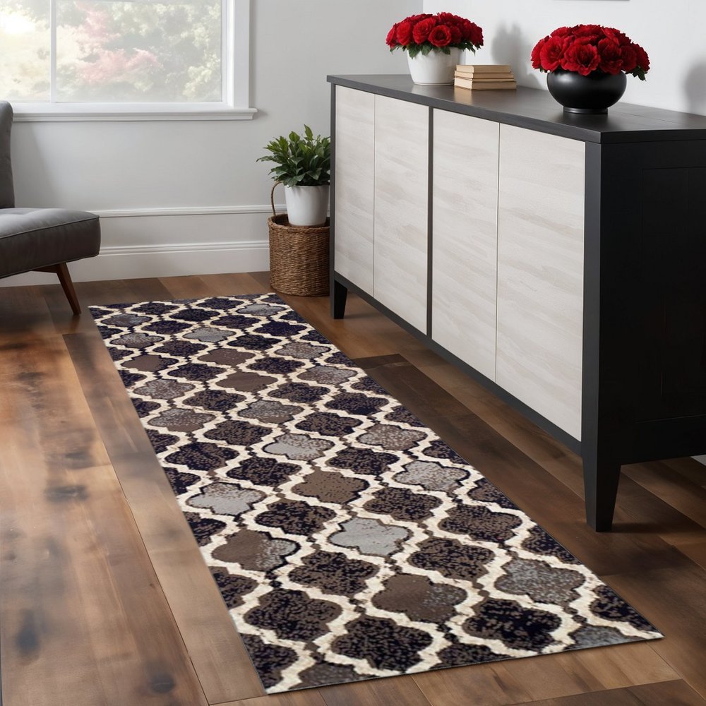 8' Brown Black And Ivory Quatrefoil Distressed Runner Rug