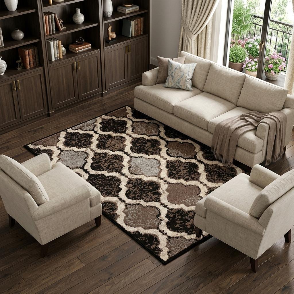 6' X 9' Brown Black And Ivory Quatrefoil Distressed Area Rug