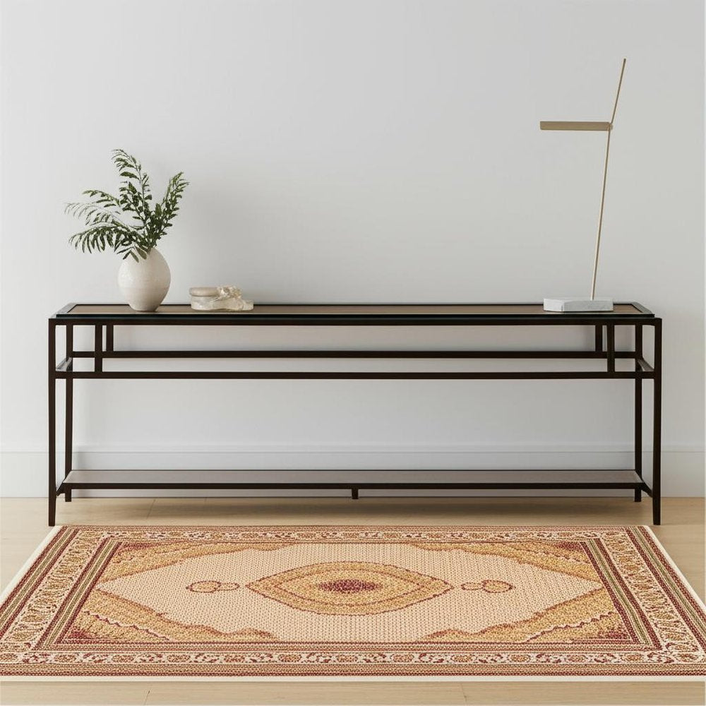 4' X 6' Beige and Ivory Oriental Power Loom Area Rug