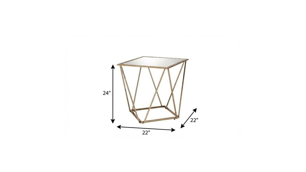 24" Champagne And Silver Glass And Metal Square Mirrored End Table