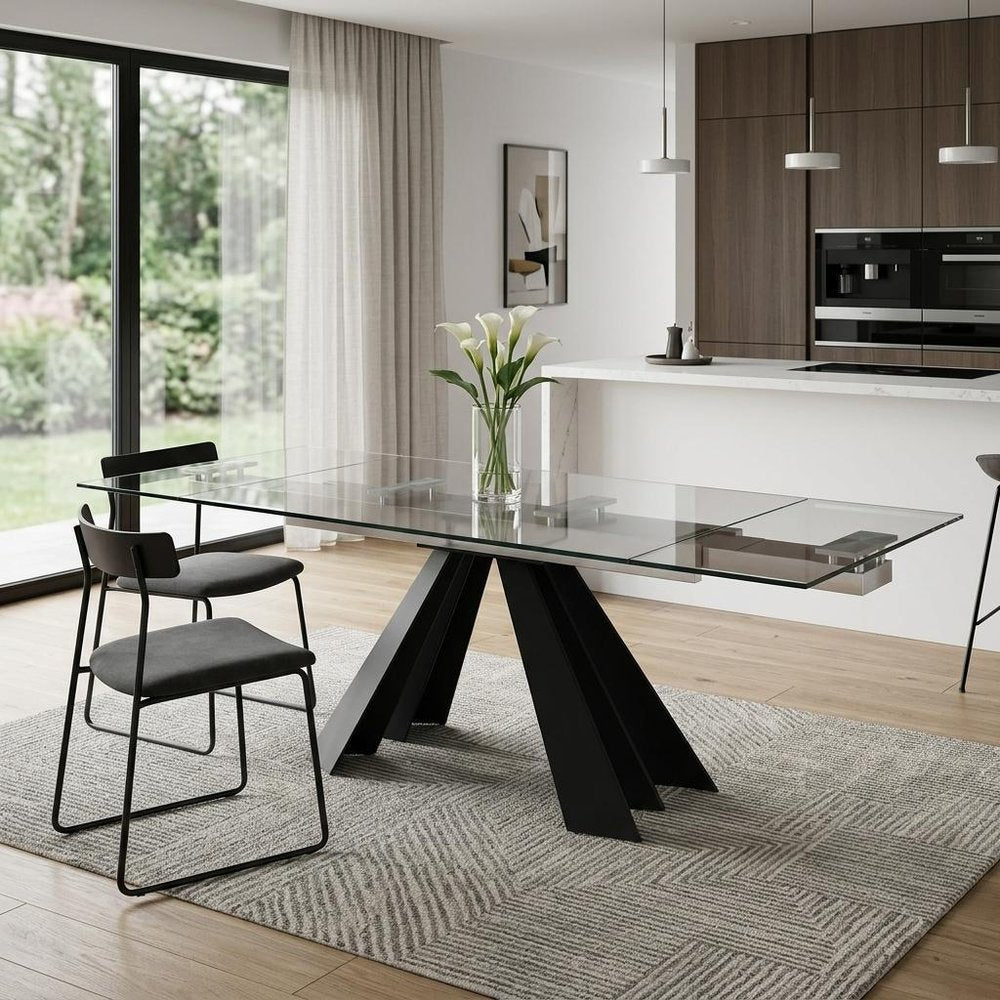 63" Clear And Black Glass And Metal Drop Leaf Pedestal Base Dining Table