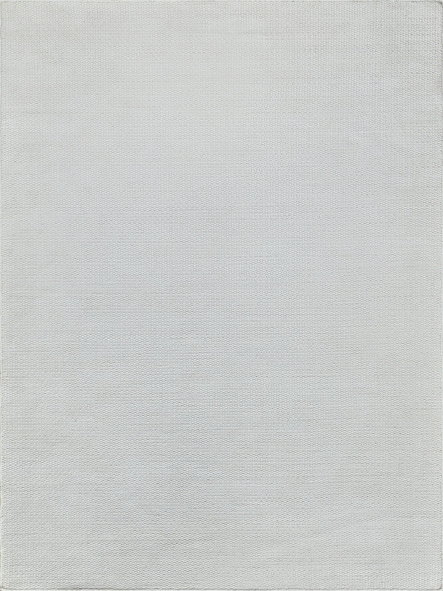 Light gray indoor/outdoor flat-weave rug with subtle woven texture and clean neutral tone.