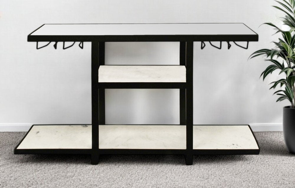 58" White and Black Genuine Marble Floor Shelf Console Table Two Shelves