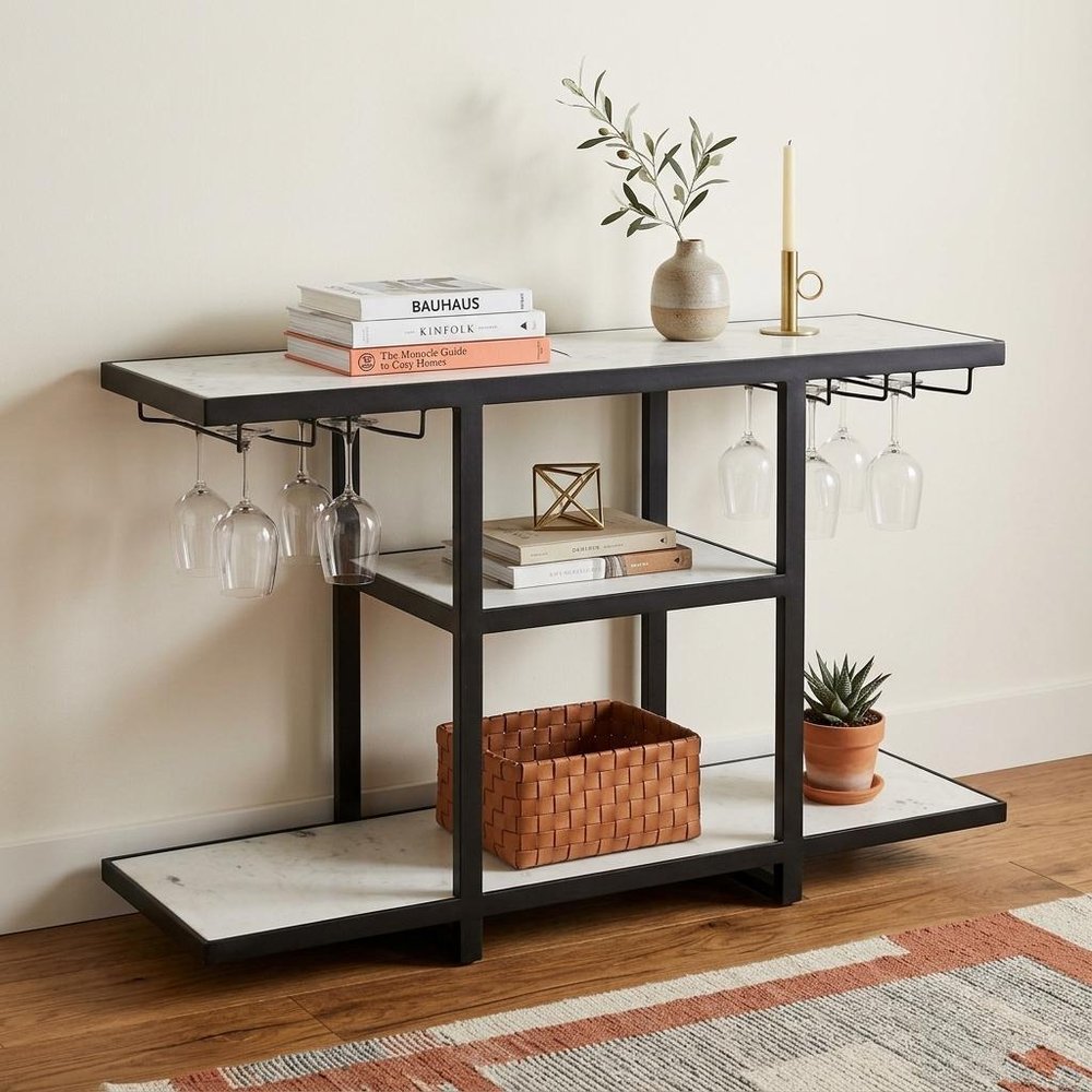 58" White and Black Genuine Marble Floor Shelf Console Table Two Shelves
