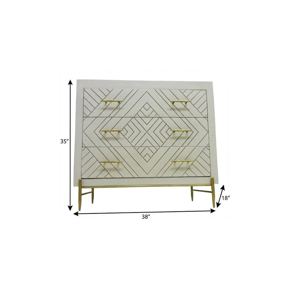 38" Ivory Carved Geometric Solid Wood Three Drawer Dresser