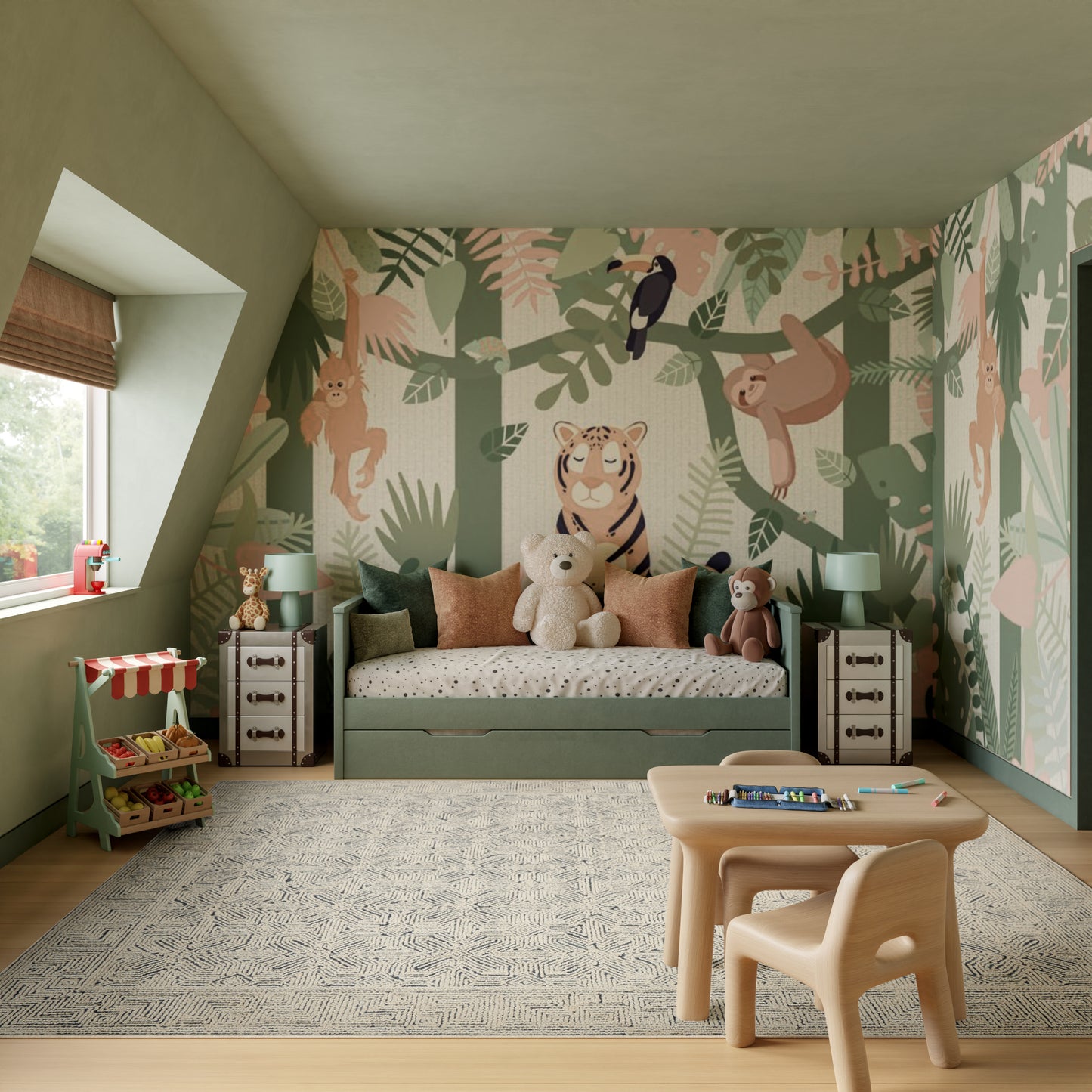 Mint green jungle-themed kids' room with animal wallpaper, a green daybed, plush toys, table & chairs.
