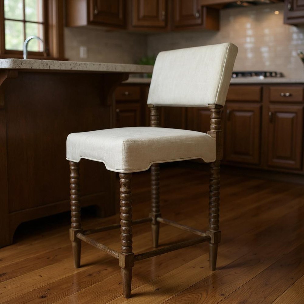 26" Off White And Brown Fabric And Linen And Wood Counter Height Bar Chair