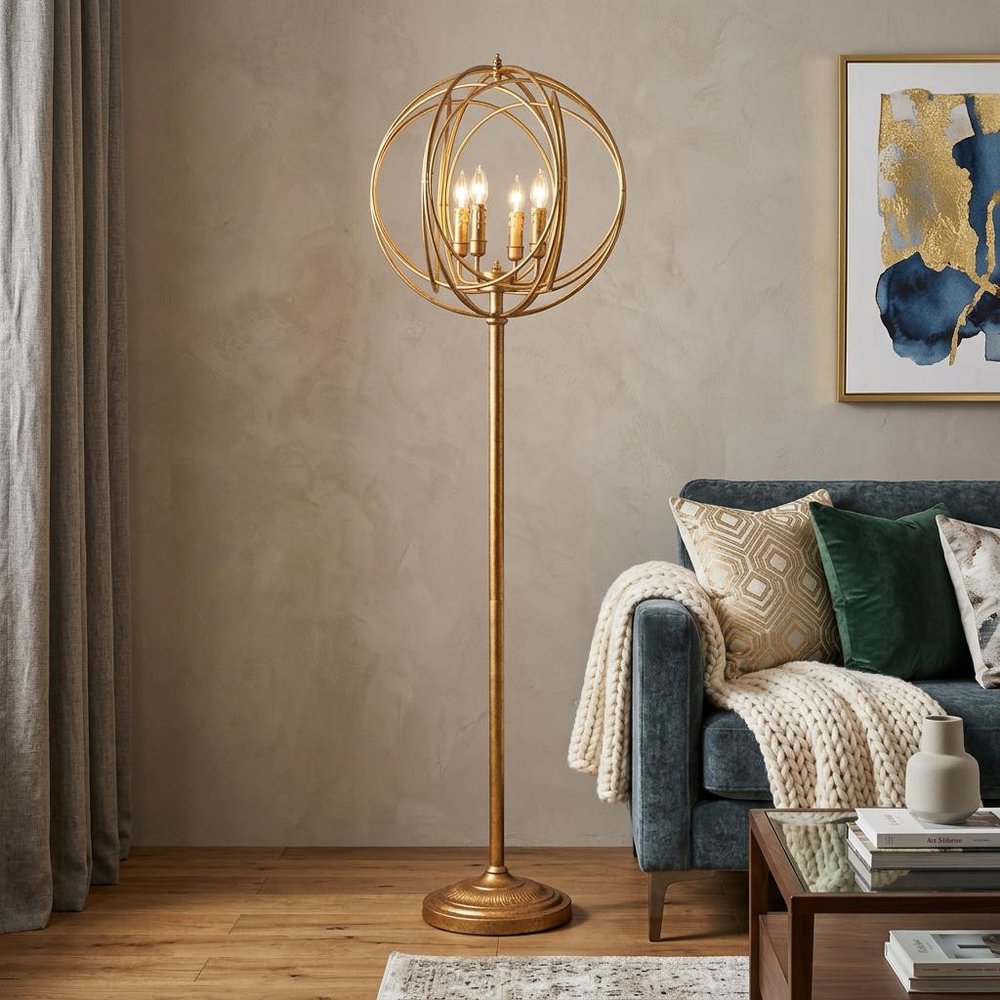 64" Gold Four Light Floor Lamp With Modern Gold Geometric Globe Shade