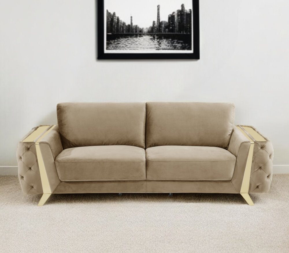90-inch beige velvet sofa with gold legs