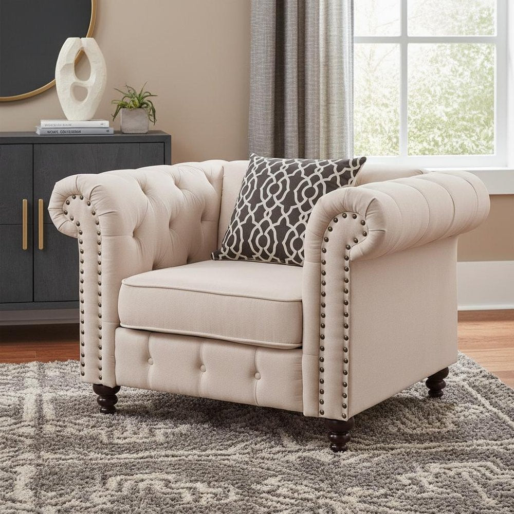 45" Beige and Black Linen Tufted Chesterfield Chair And Toss Pillow