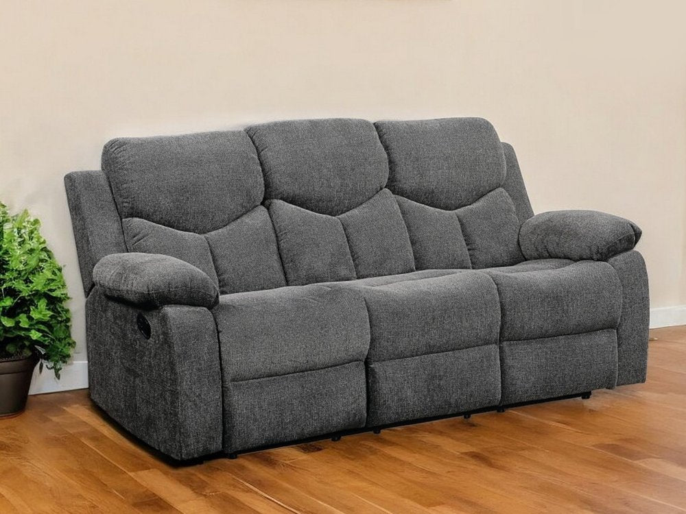 Gray textured fabric 3-seat reclining sofa with plush back cushions and padded armrests in a living room