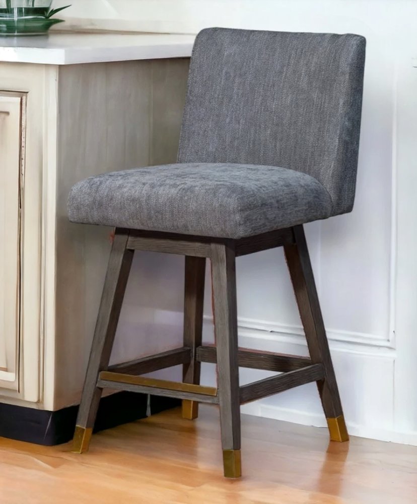26" Gray and Brown Solid Wood Counter Height Swivel Bar Chair