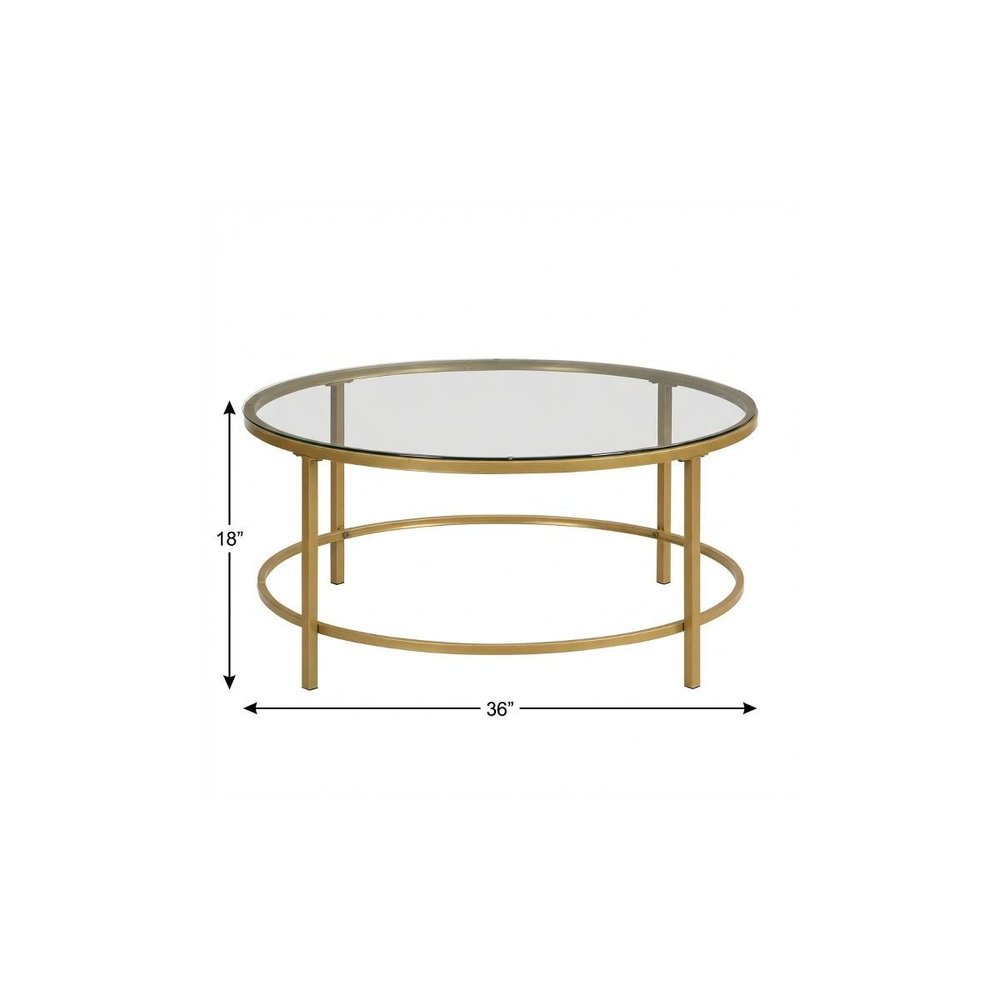 36" Gold And Clear Glass Round Coffee Table
