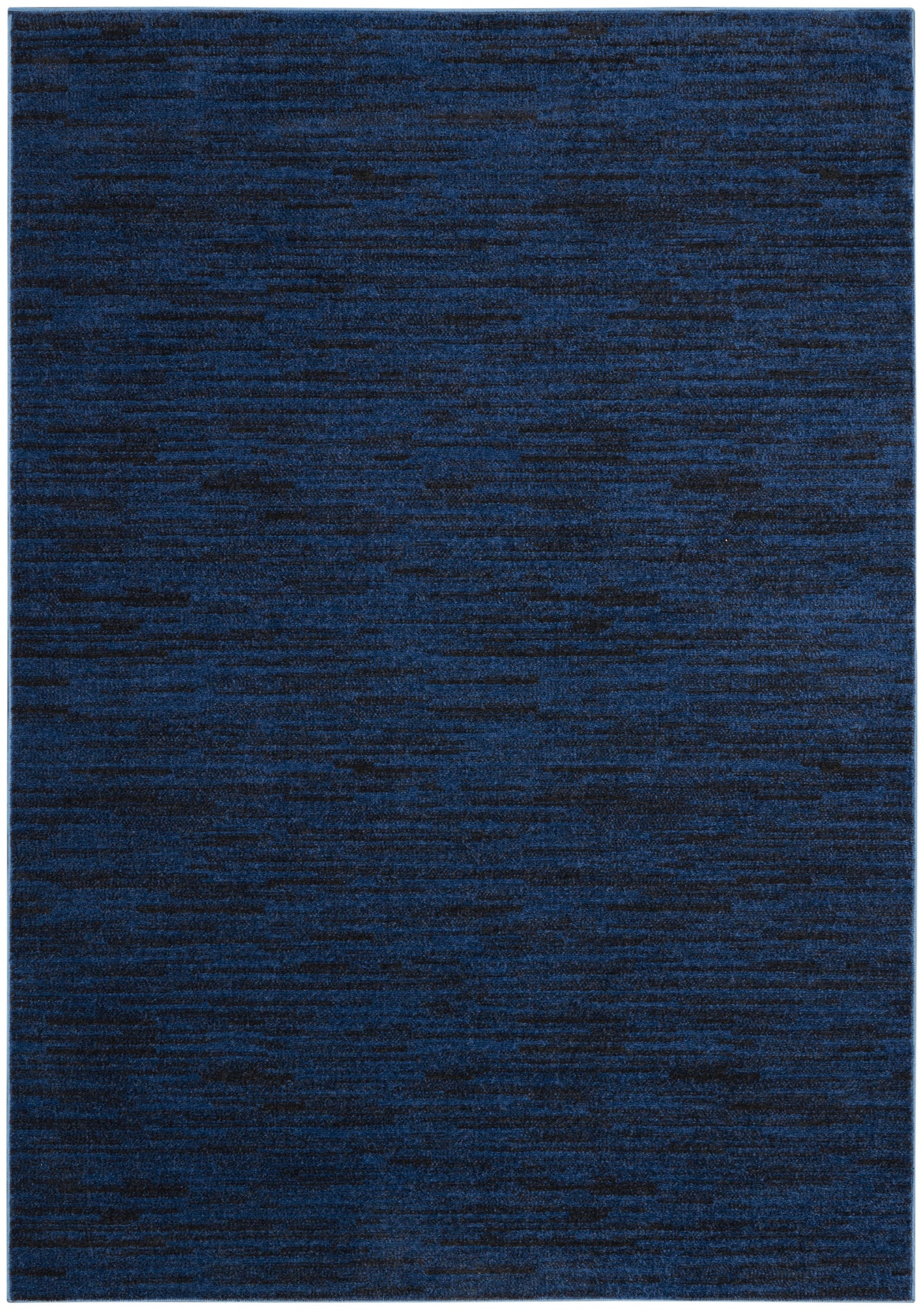 Rectangular navy blue rug with subtle heather texture; soft low-pile, modern minimalist style for living spaces.