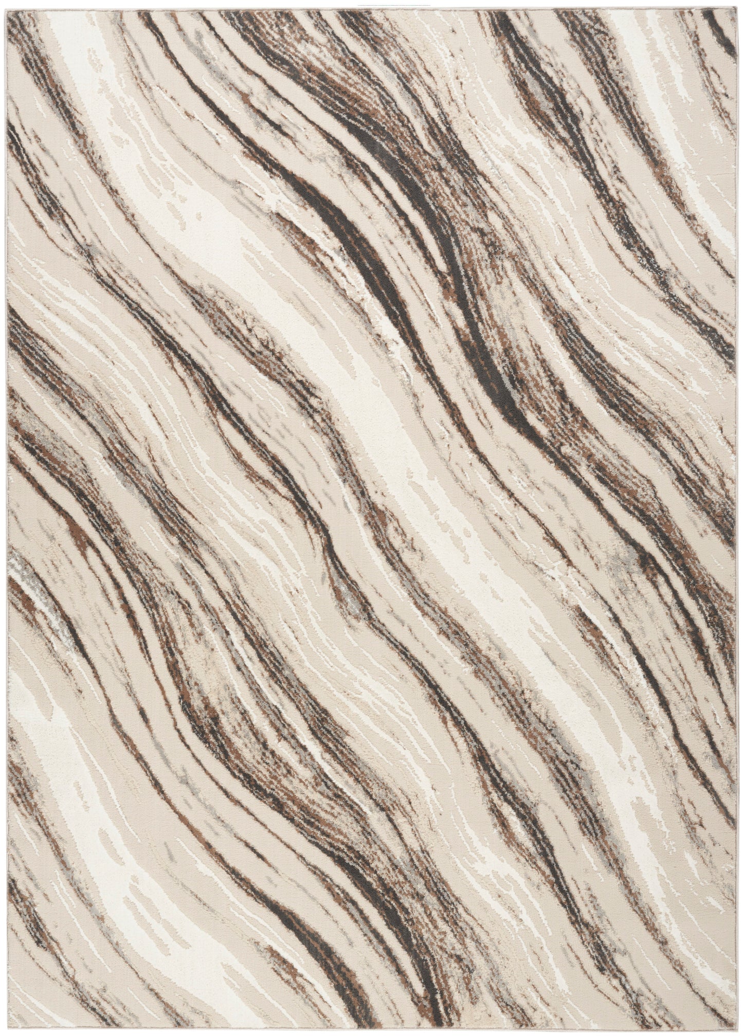 Beige and cream area rug with dark brown wavy stripes, marble-like pattern.