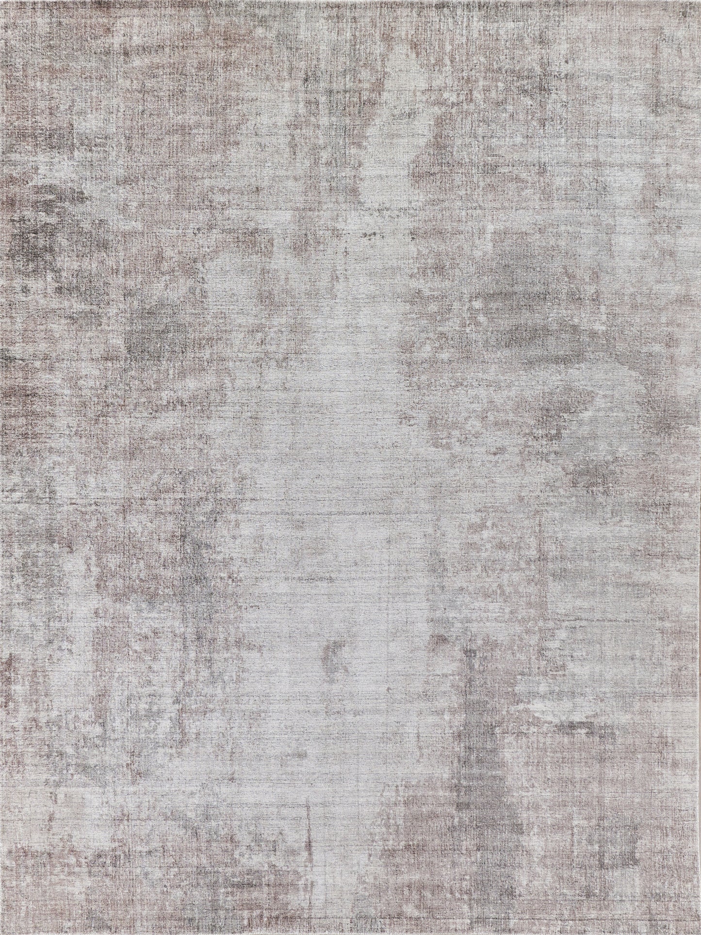 Distressed neutral area rug with abstract taupe, beige and gray pattern and soft woven texture.