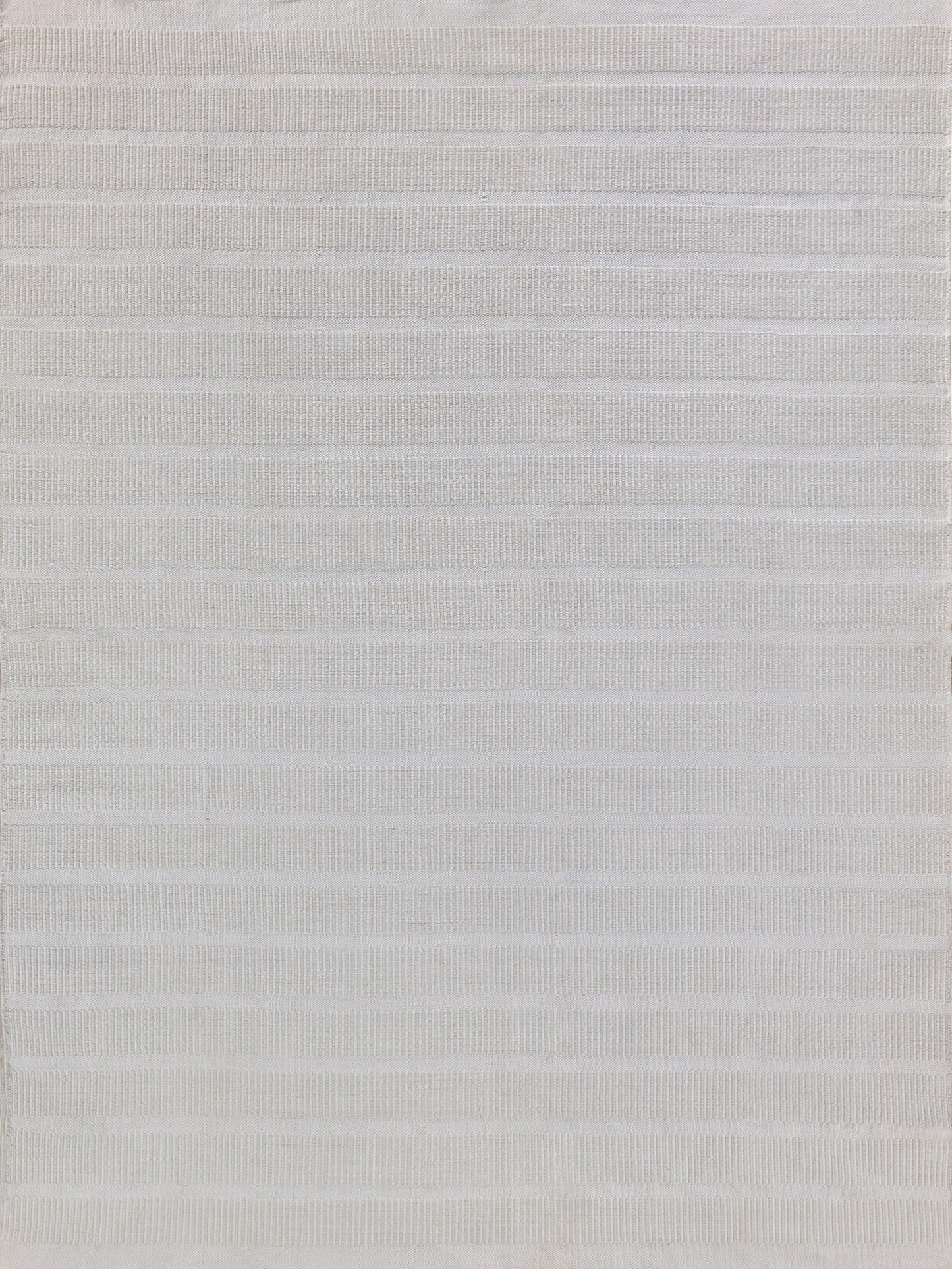 Textured white flatweave rug with horizontal stripes and woven pattern; rectangular rug for floor use.