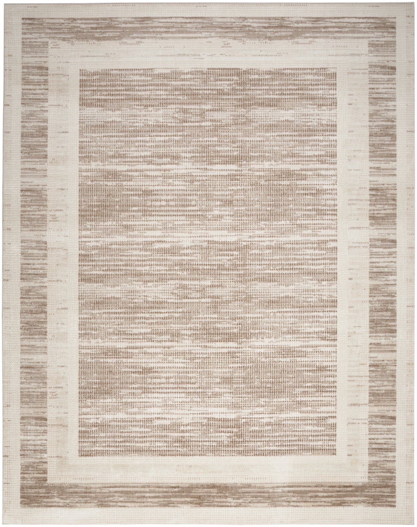 Neutral beige and taupe flat-weave rectangular rug with wide inner and outer borders, textured center.