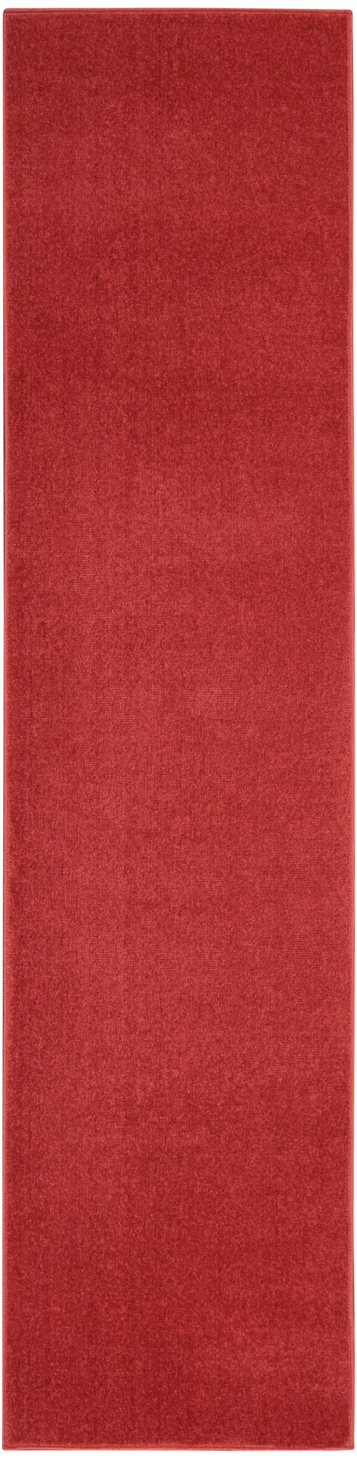 Long red velvet rug runner with plush texture and stitched edges.