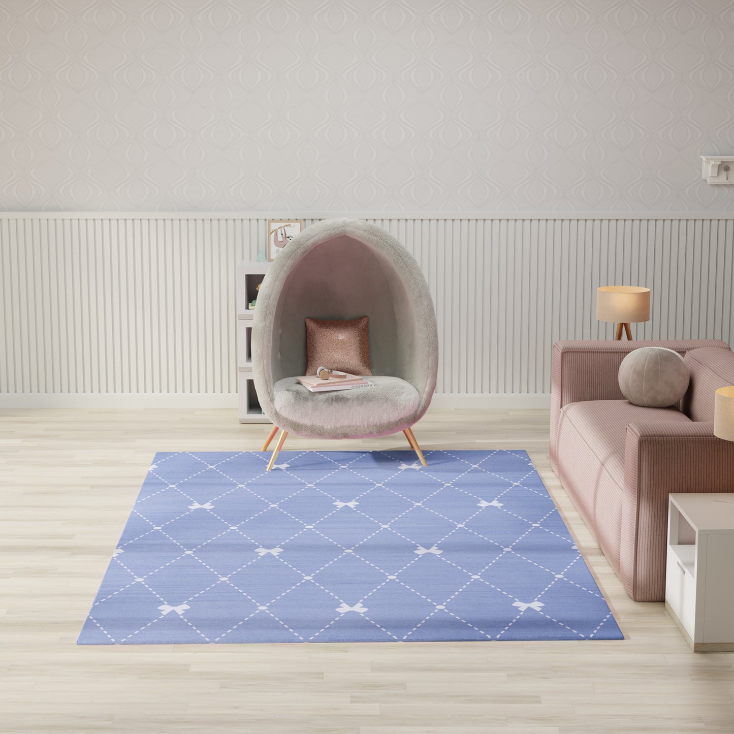 Gray fuzzy kids rug, 7' x 9', blue diamond pattern, placed in a bright modern living room with a pink sofa nearby.