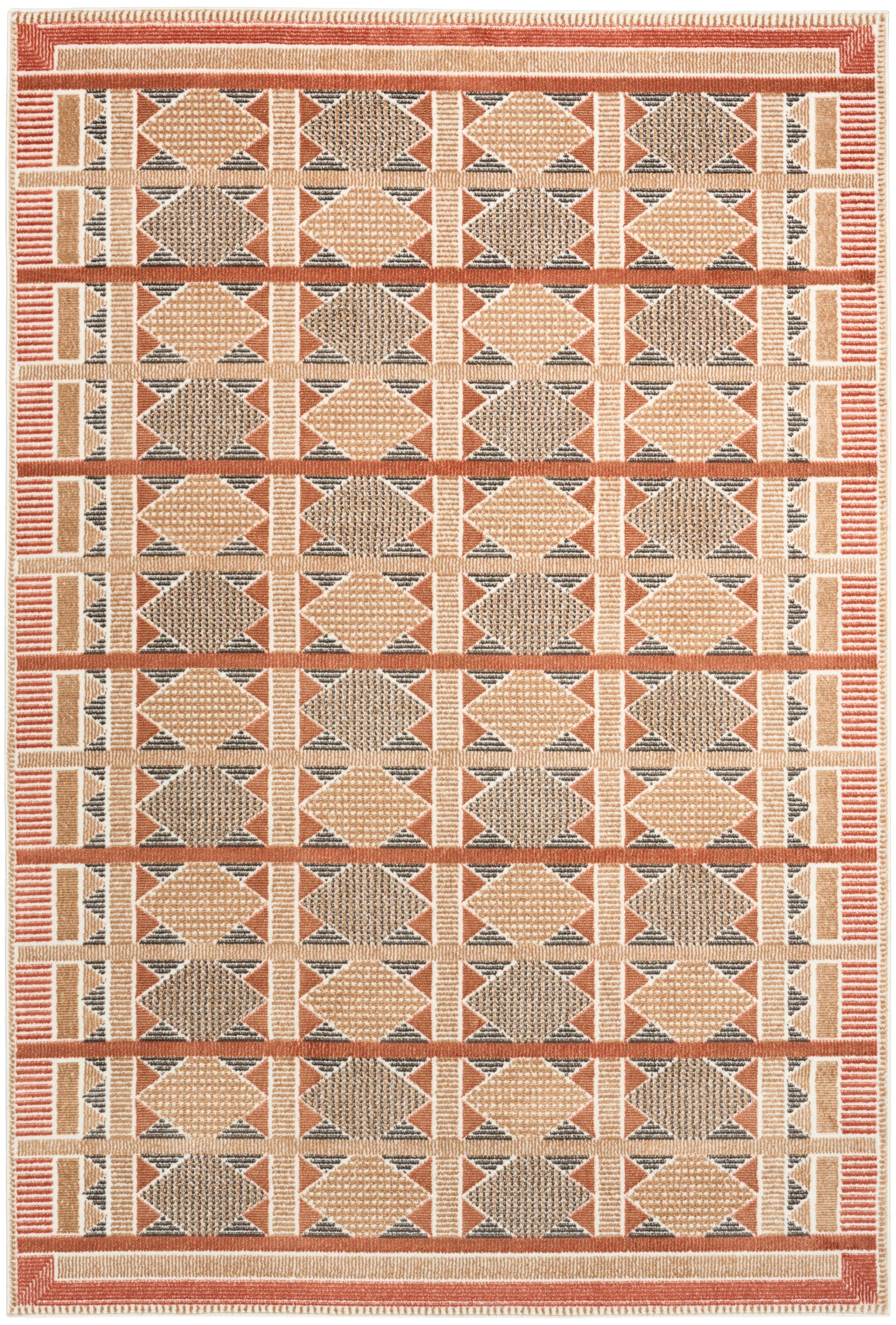 Flatweave kilim rug featuring orange, cream and gray diamond motifs with a striped border; geometric, warm-toned home decor.