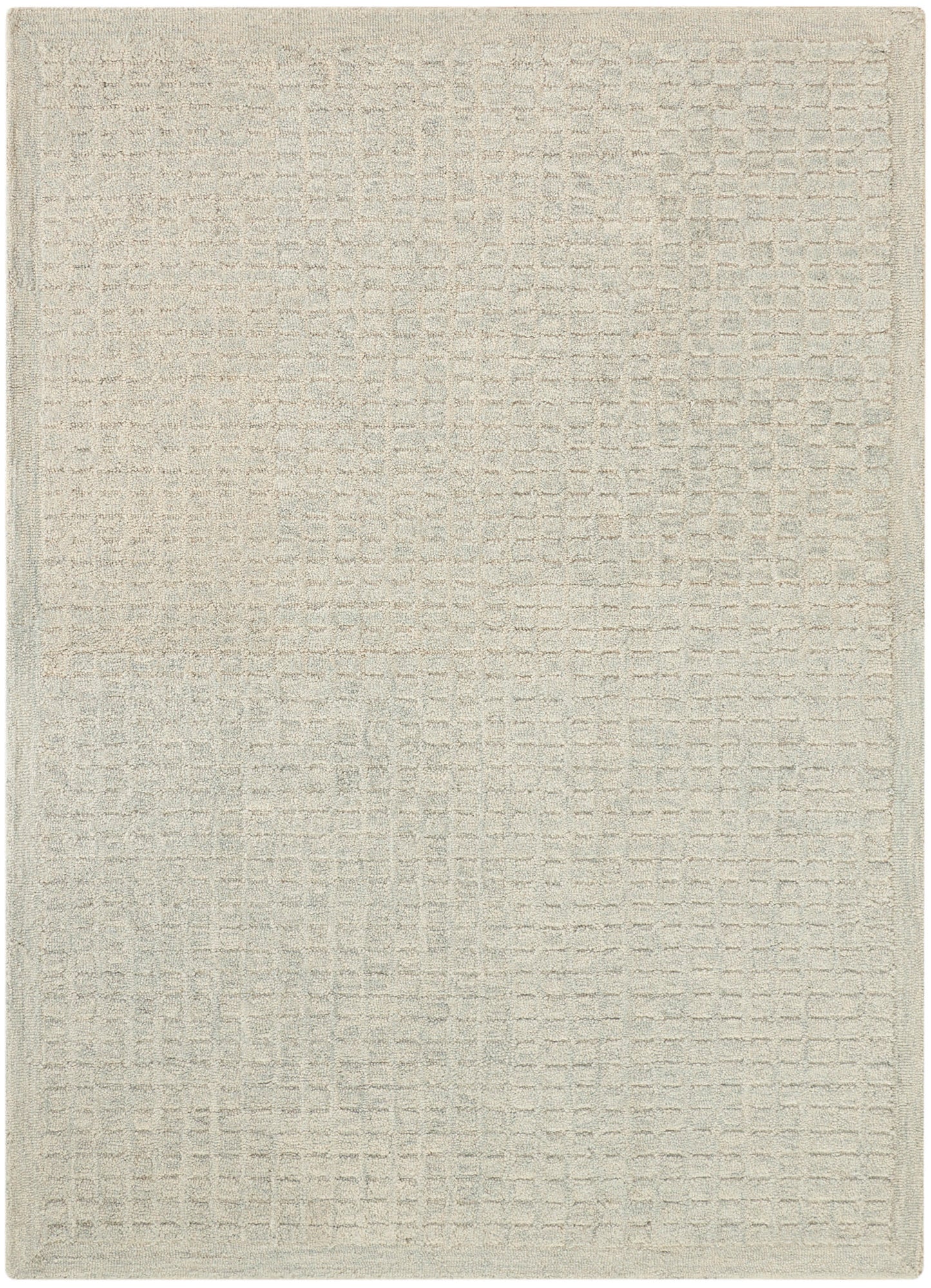 Beige textured rug with a subtle grid pattern; neutral rectangular area rug for living spaces.