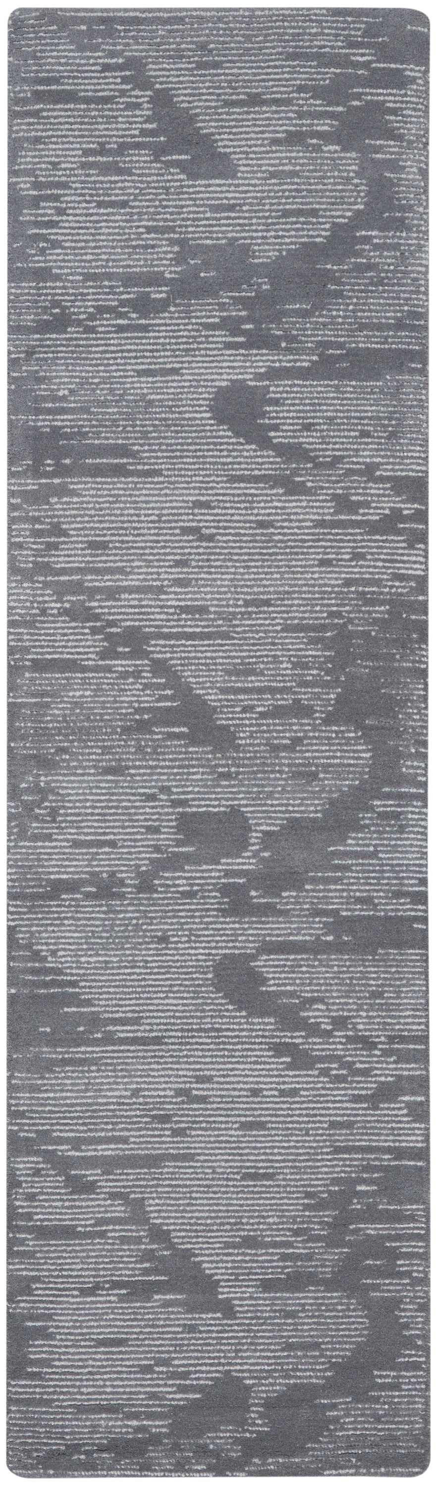Gray rectangular rug runner with rounded corners and light irregular linear pattern.