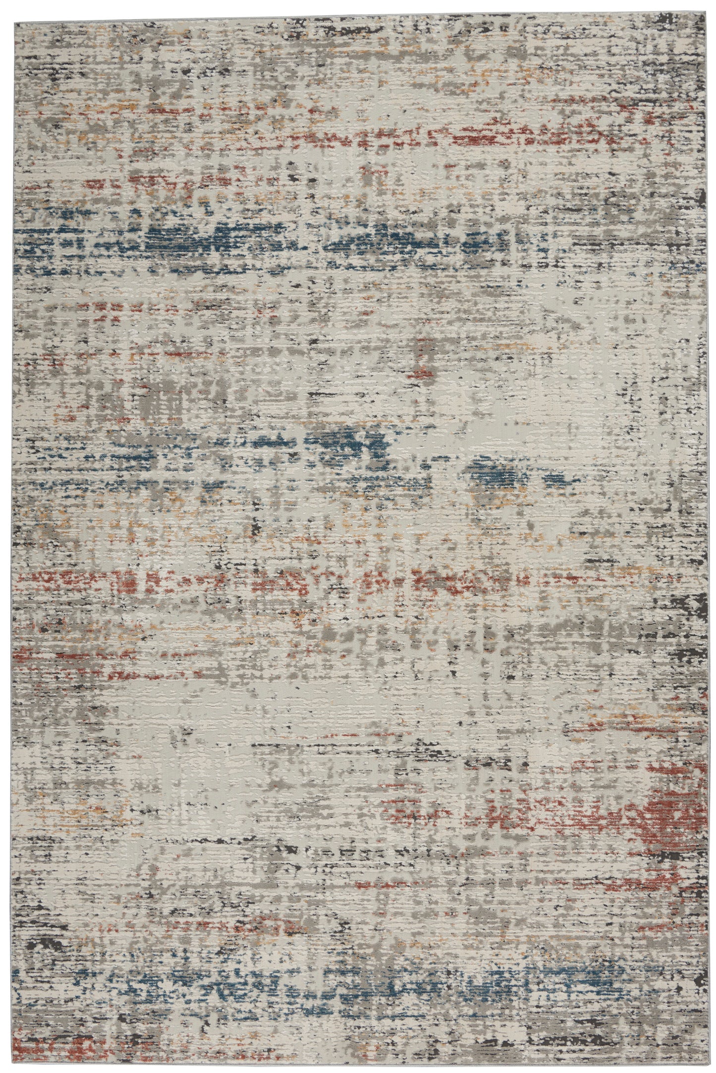 Rectangular abstract distressed area rug in cream with blue, rust, gray & tan accents; modern, woven texture.
