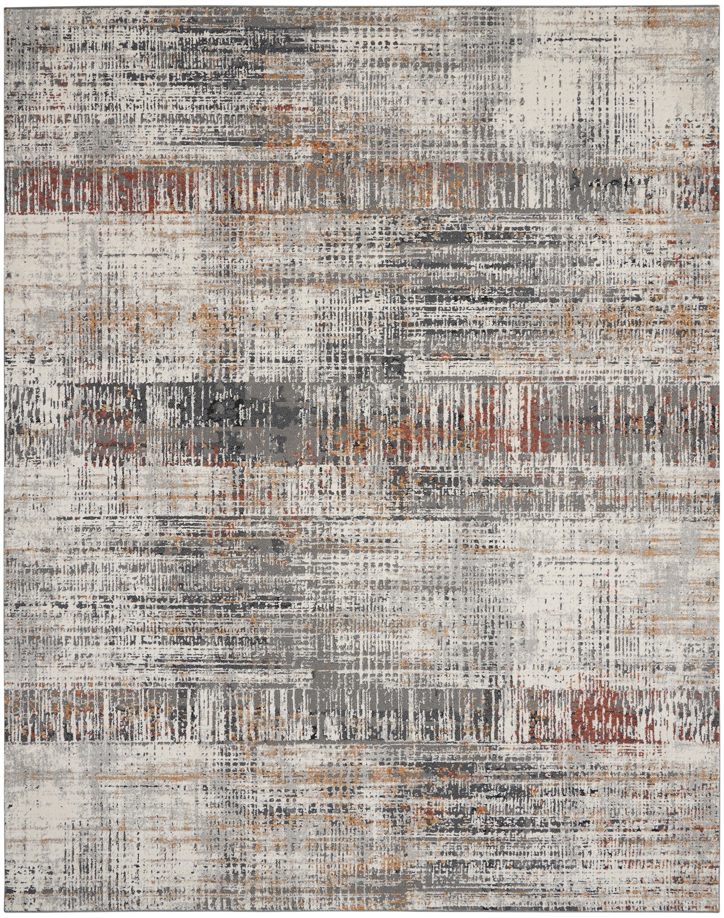 Abstract distressed area rug in cream, gray, rust and black with layered brush-stroke and grid patterns.