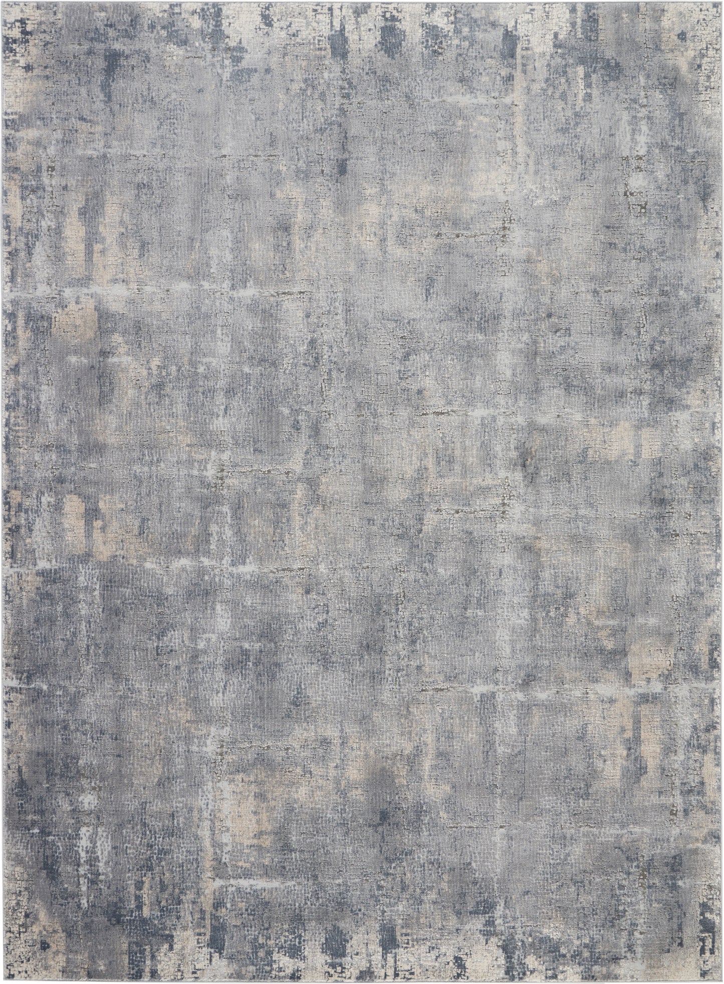 Blue-gray distressed abstract rug with beige patches; modern, worn-texture pattern for living spaces.