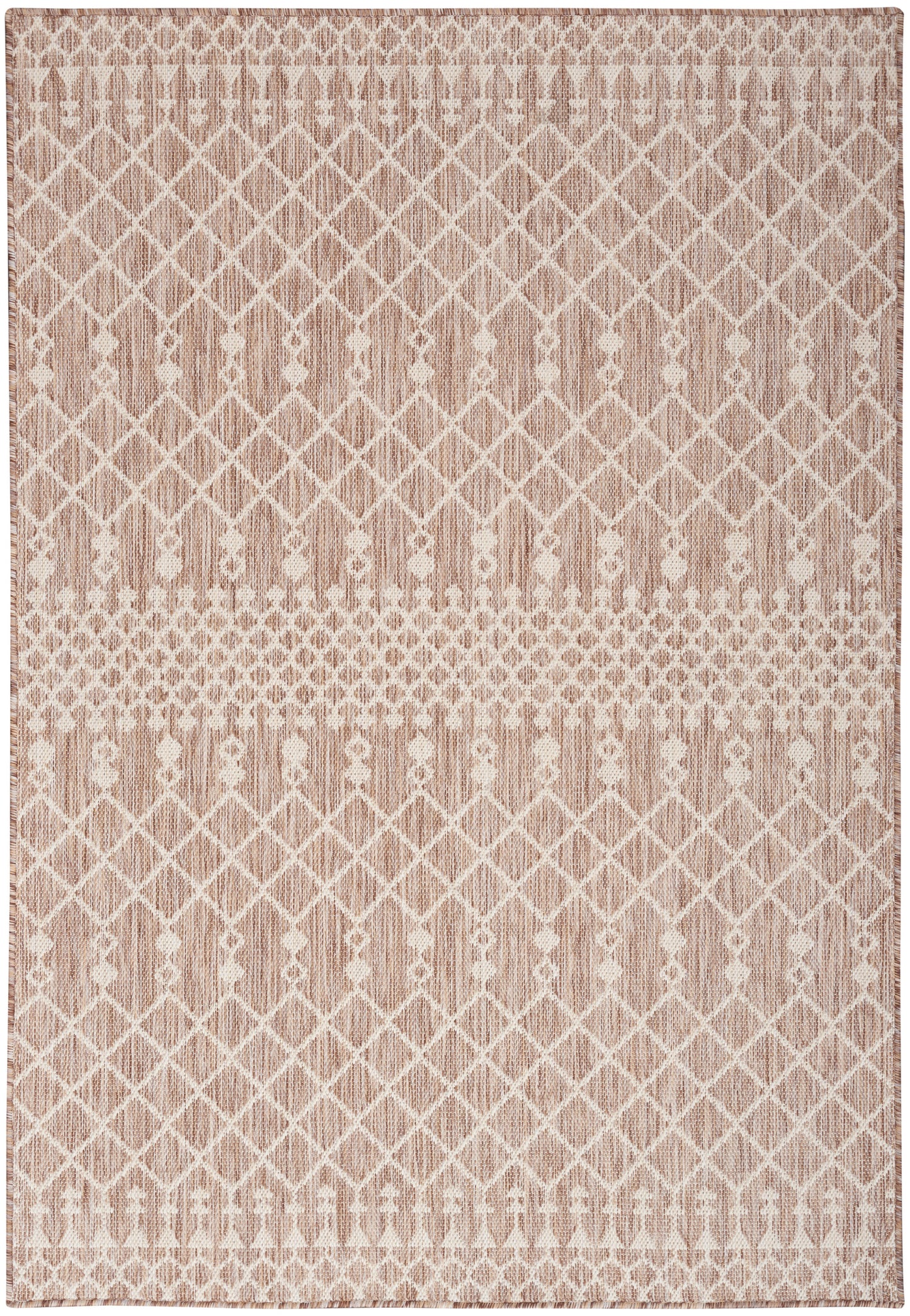 Dusty pink area rug with ivory lattice diamonds, geometric stripes and dotted bands; softly textured woven look.