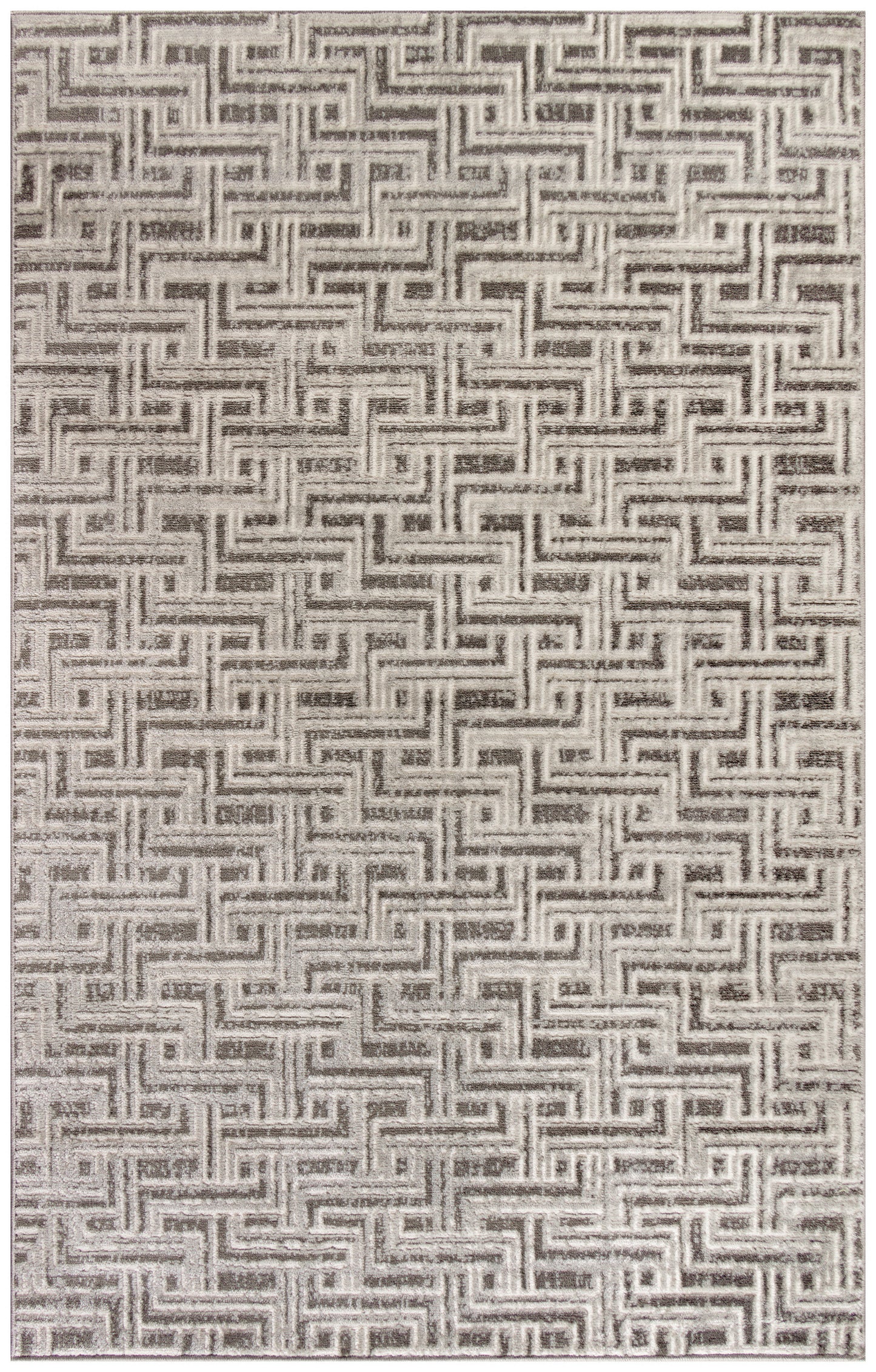 Beige rug with brown geometric interlocking maze motif, modern Greek-key style.