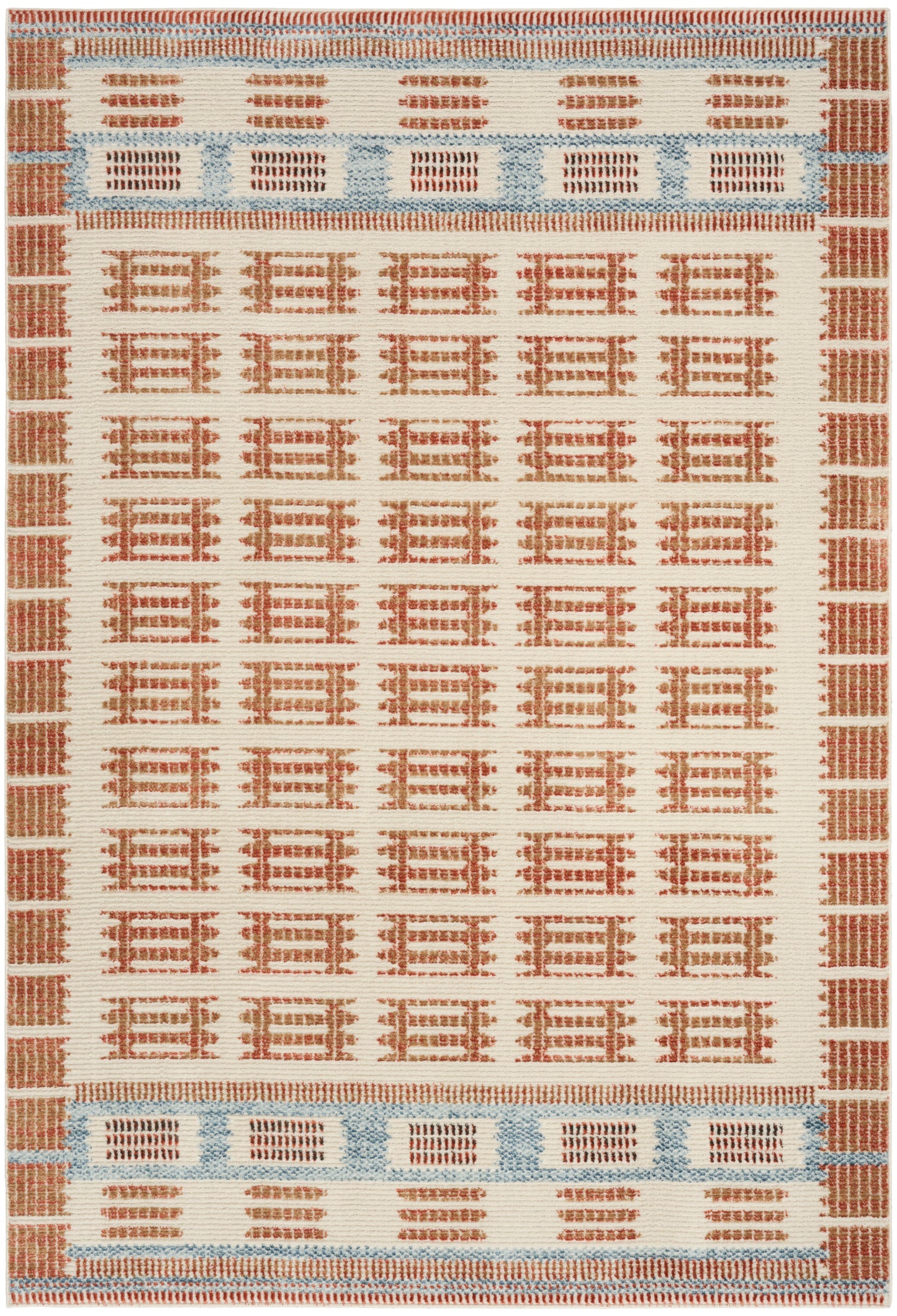 Rectangular rug with cream field, rust geometric lattice motifs, and blue-rust border bands; boho kilim style.
