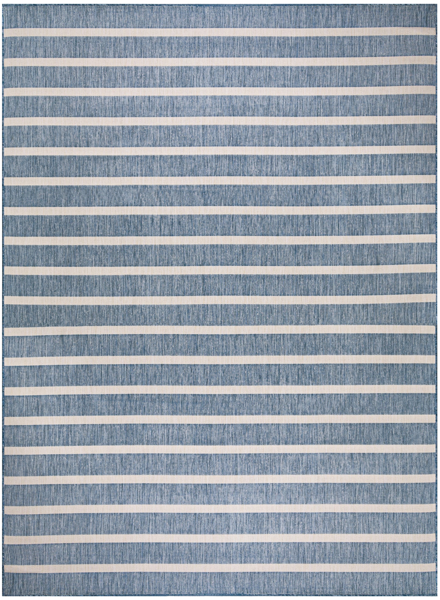 Blue denim-textured rug with white horizontal stripes; rectangular area rug for living room, 8' x 10'.