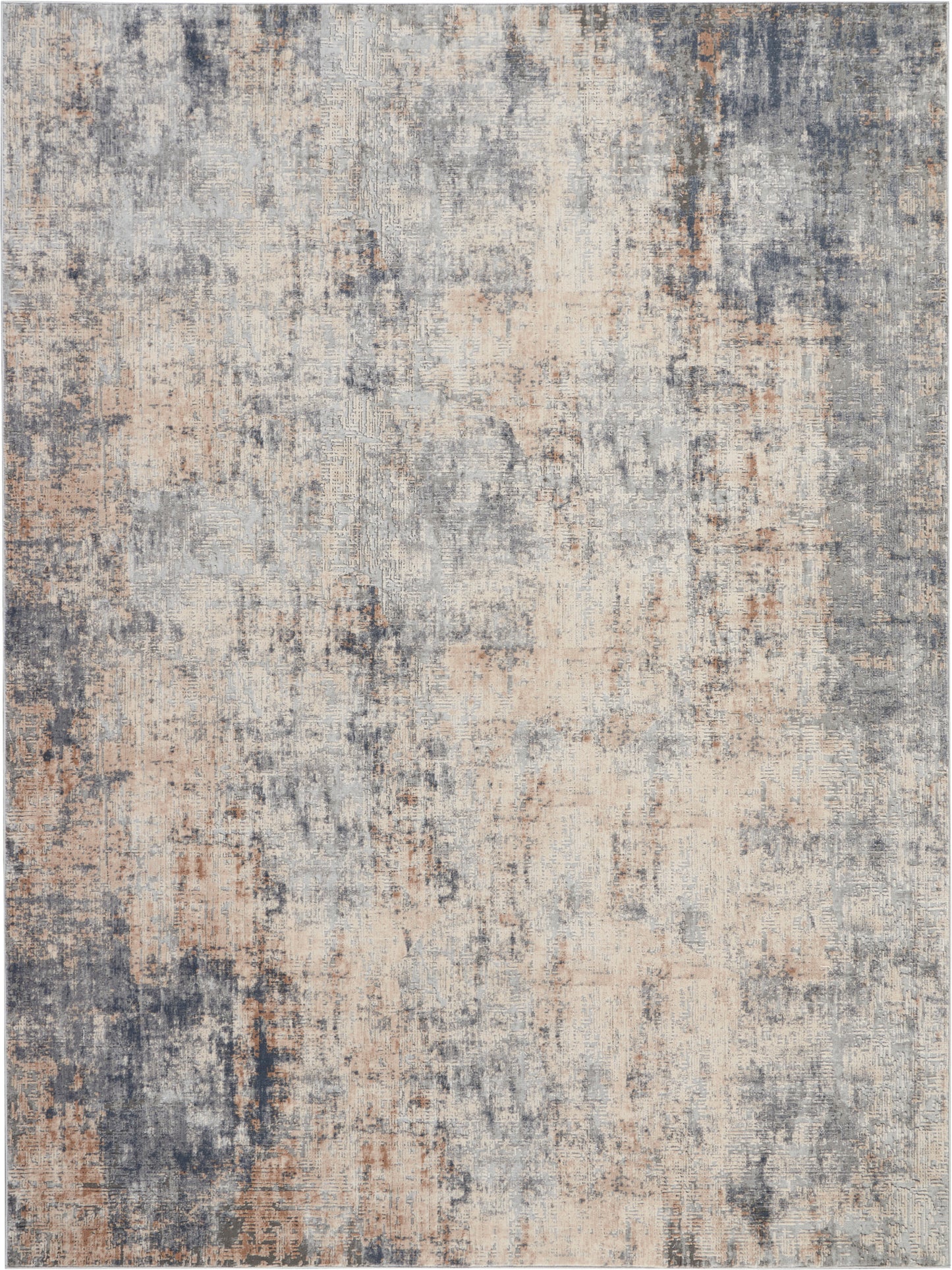 Abstract distressed area rug in gray-blue, beige and rust tones with a soft textured surface for contemporary living spaces.