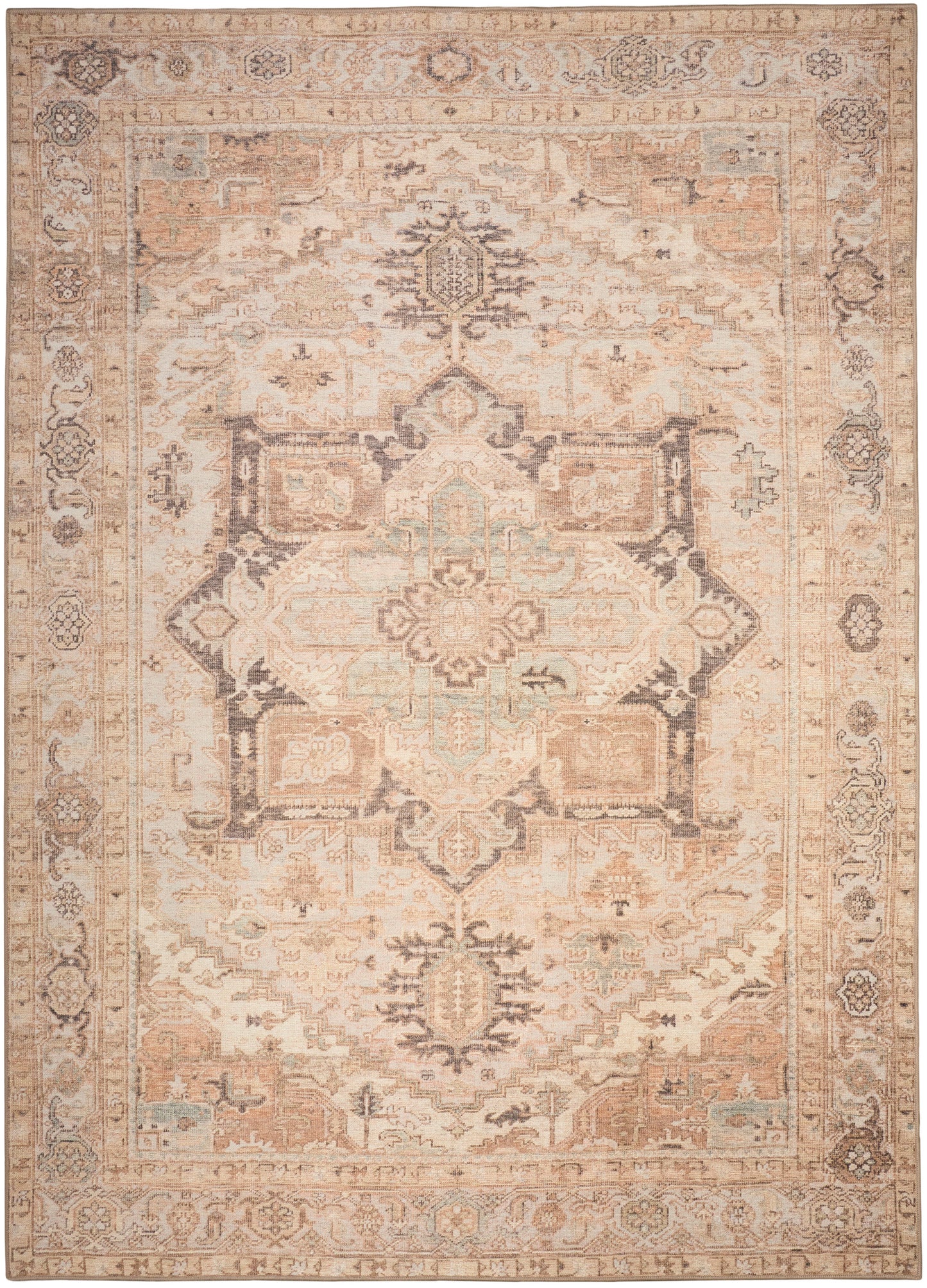 Rectangular vintage-style oriental rug in cream, peach & tan with a central medallion and floral border; distressed finish.
