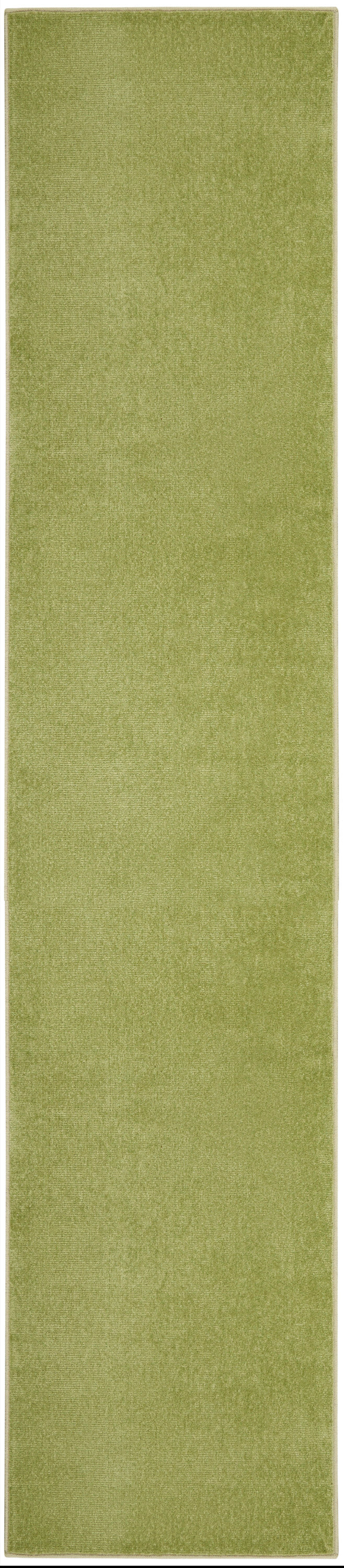 Olive green rectangular outdoor rug runner, 18 ft long, with a soft textured pile and light beige border.