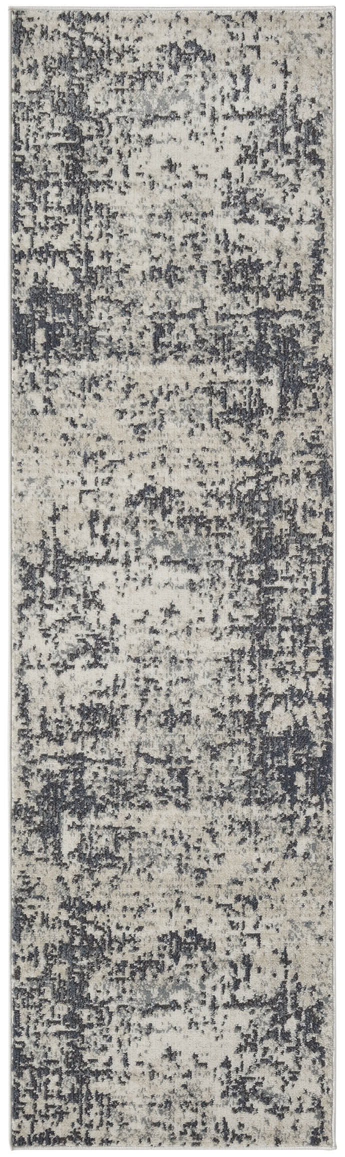 Abstract distressed beige and charcoal runner rug with a soft, textured finish.