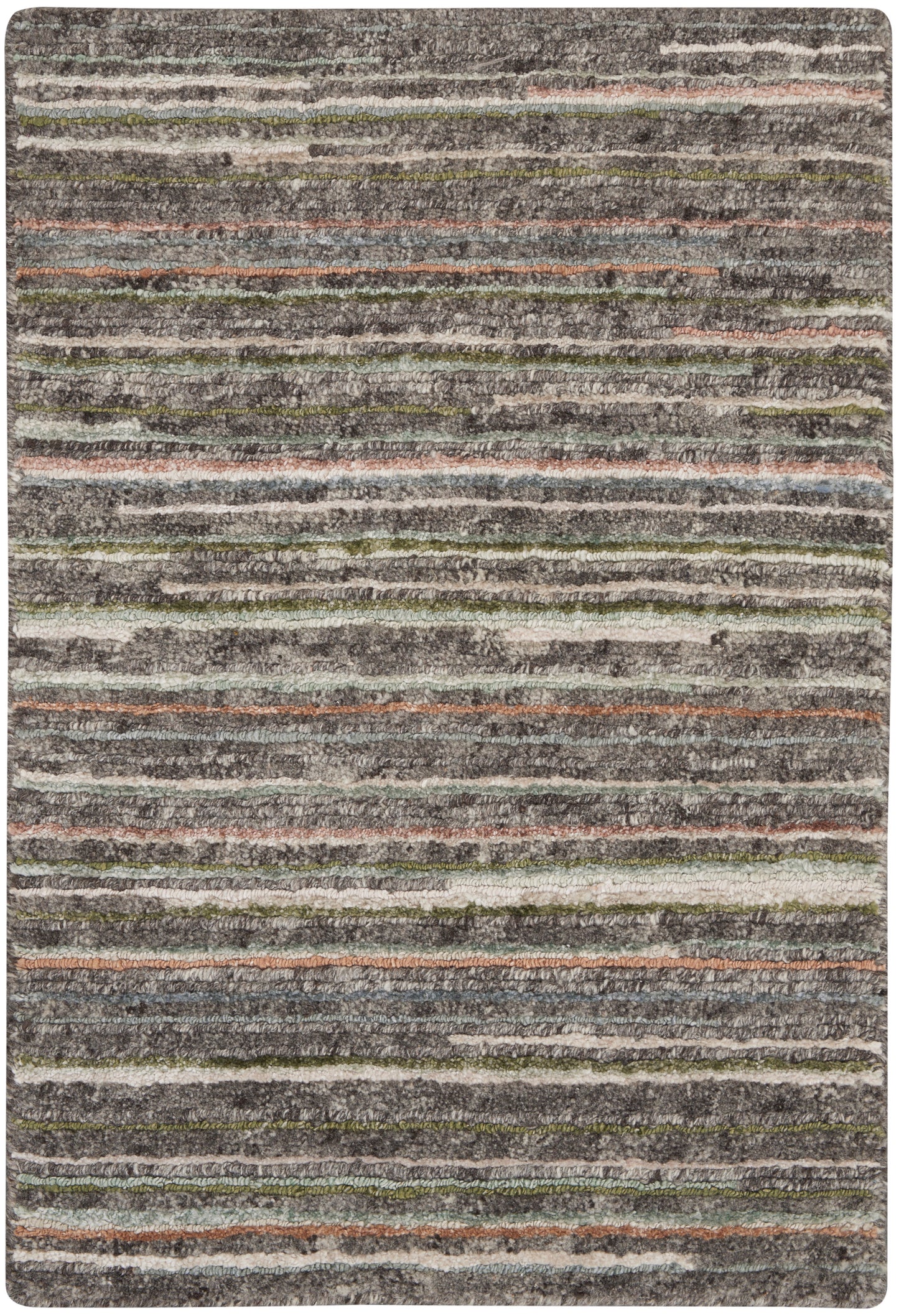 Shaggy striped rug in muted grays with olive, peach and blue accents; rectangular, cozy living-room floor covering.