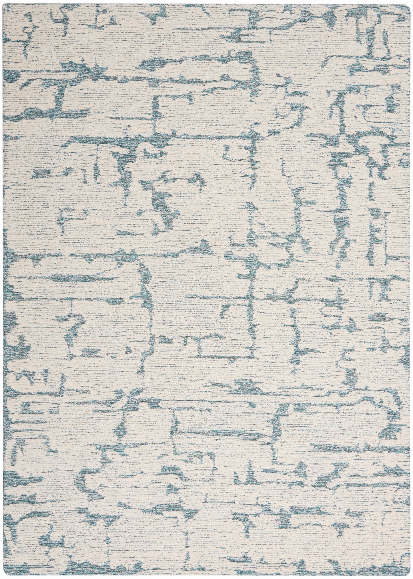 Abstract distressed rug with cream-beige base and light blue-gray irregular lines; modern rectangular design.