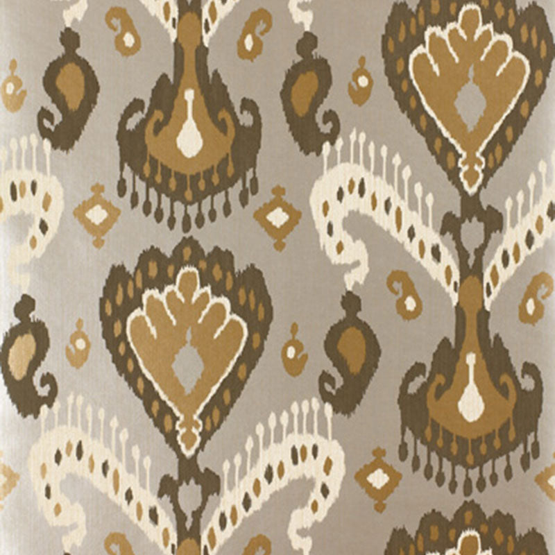 Damask-pattern fabric in ivory, tan and brown on taupe background; ornate floral motifs.