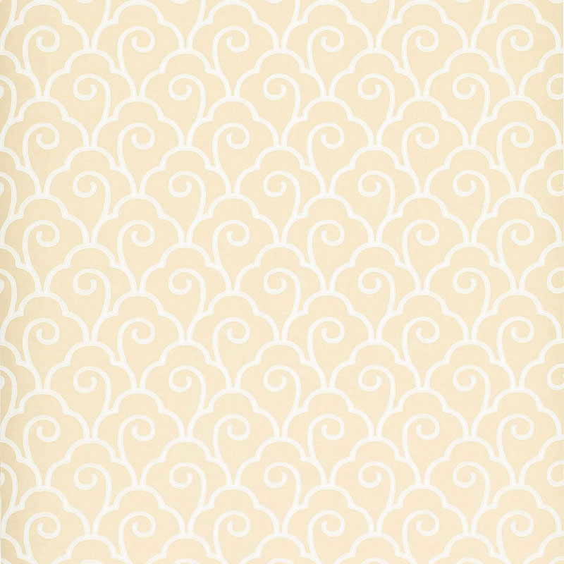 Beige wallpaper with repeating white scalloped wave pattern; Seigaiha-inspired geometric design.