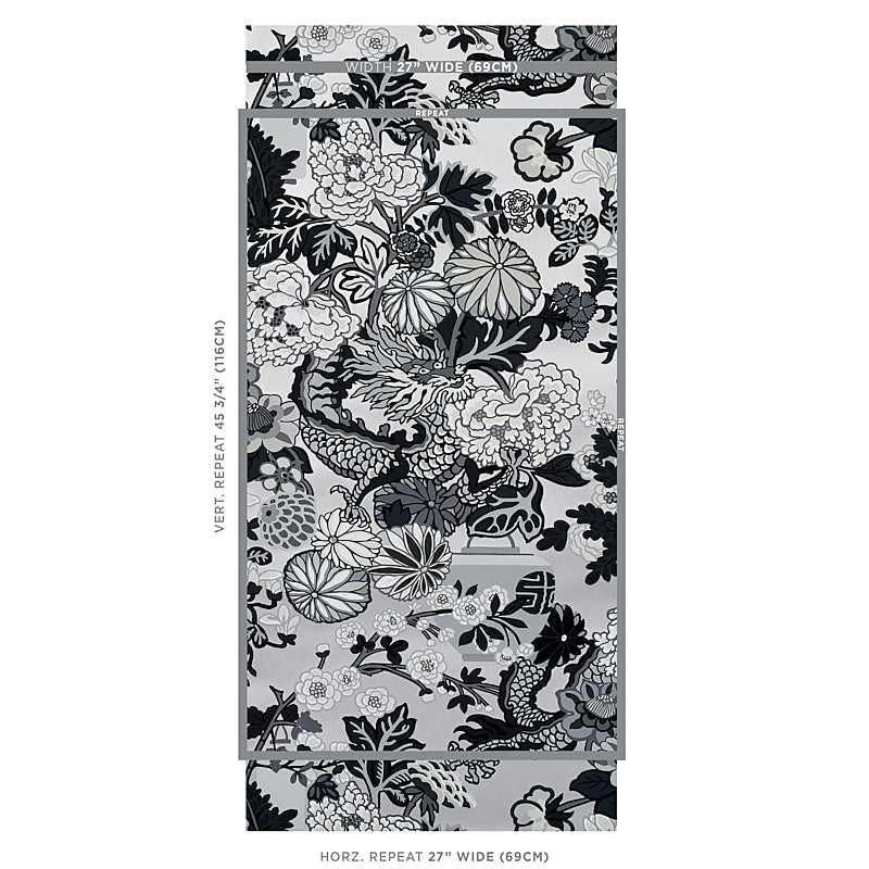 Grayscale dragon wallpaper with a repeating dragon motif; decorative wallcovering sample.