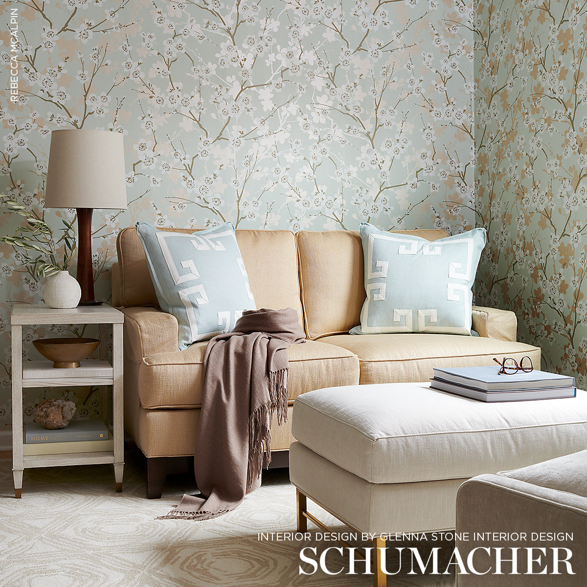 SCHUMACHER WALLCOVERING PERENNIAL FAVORITES MING CHERRY BLOSSOM AQUA - 5001070