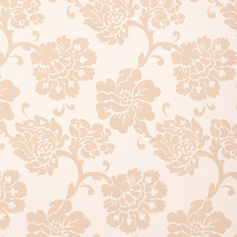 Beige damask floral wallpaper pattern on ivory background; elegant vintage botanical motif.