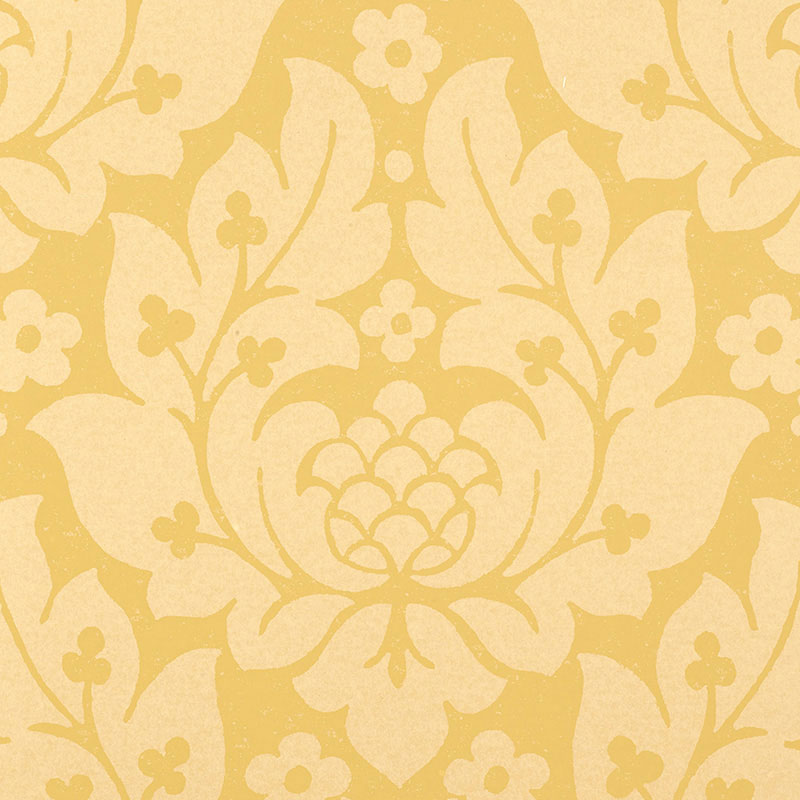 Gold damask wallpaper pattern with floral motifs on a light beige background.